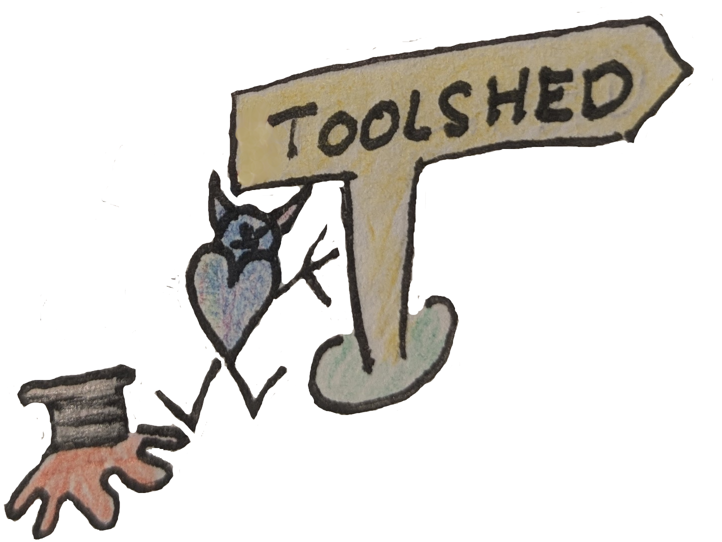Hand-painted sign pointing to the Toolshed