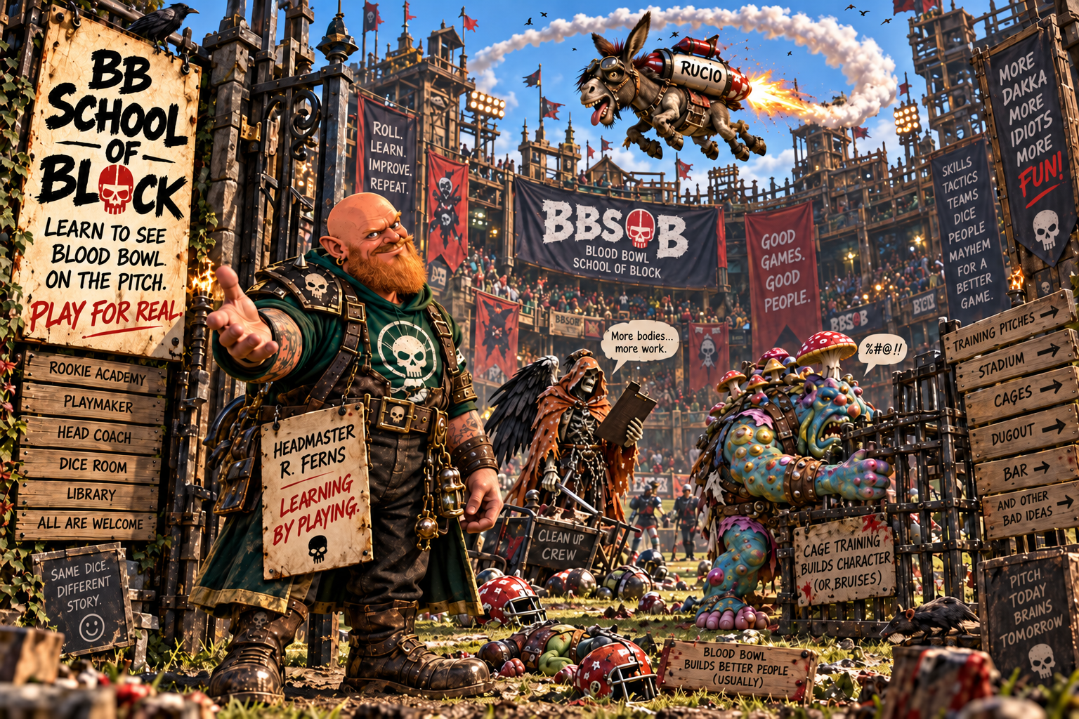 Headmaster R. Ferns welcoming coaches through the gates of BB School of Block, with Rucio, The Gamekeeper and Mr. PoopyPants at the school stadium.