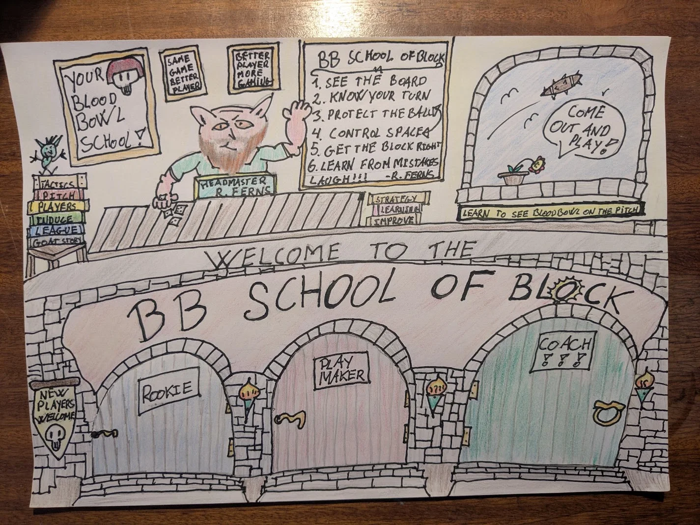 Illustrated BB School of Block academy with Headmaster R. Ferns and three school doors