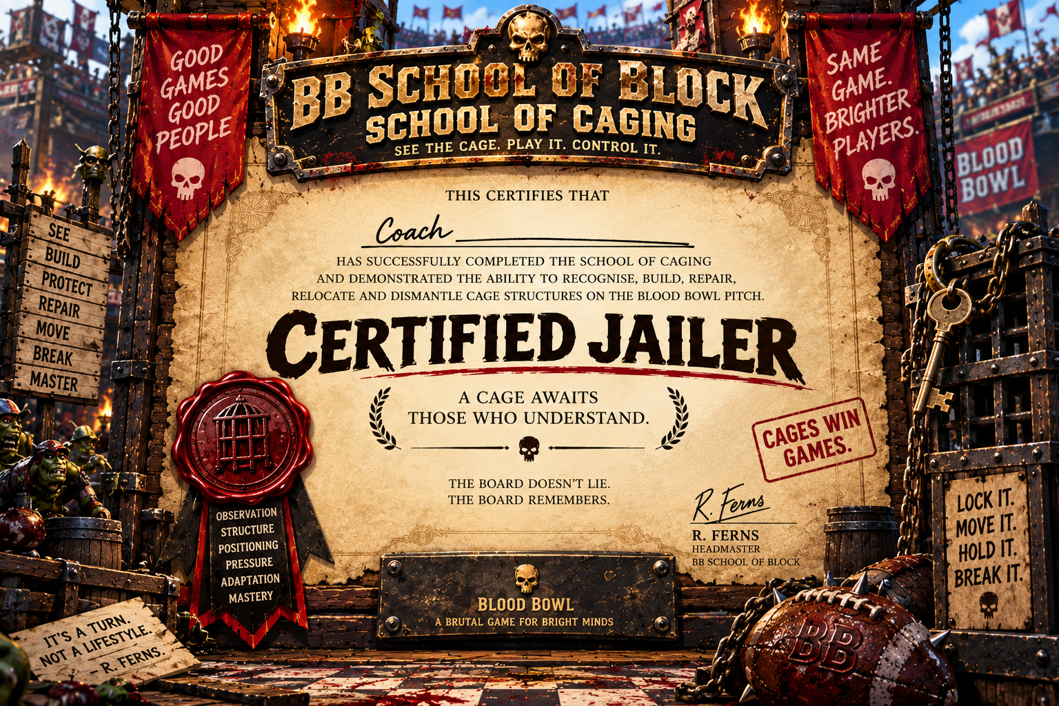 BB School of Block · School of Caging diploma — Certified Jailer